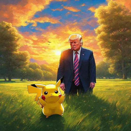 Prompt: Donald Trump and Pikachu, grassy meadow, sunset, god rays, vibrant, warm colors, epic, van gogh