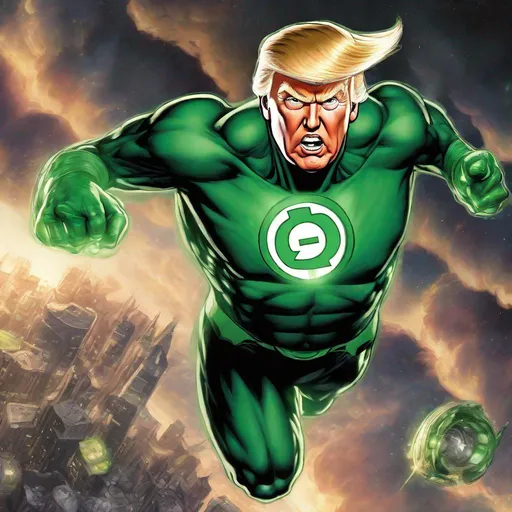 Prompt: Donald Trump as a Green Lantern, full body, flying, 