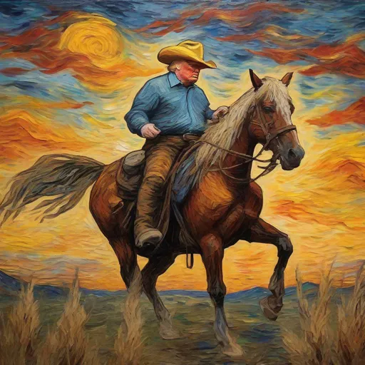 Prompt: Donald Trump, Van Gogh Style, Peaceful, Riding a Horse into a Sunset, Vibrate, Cowboy