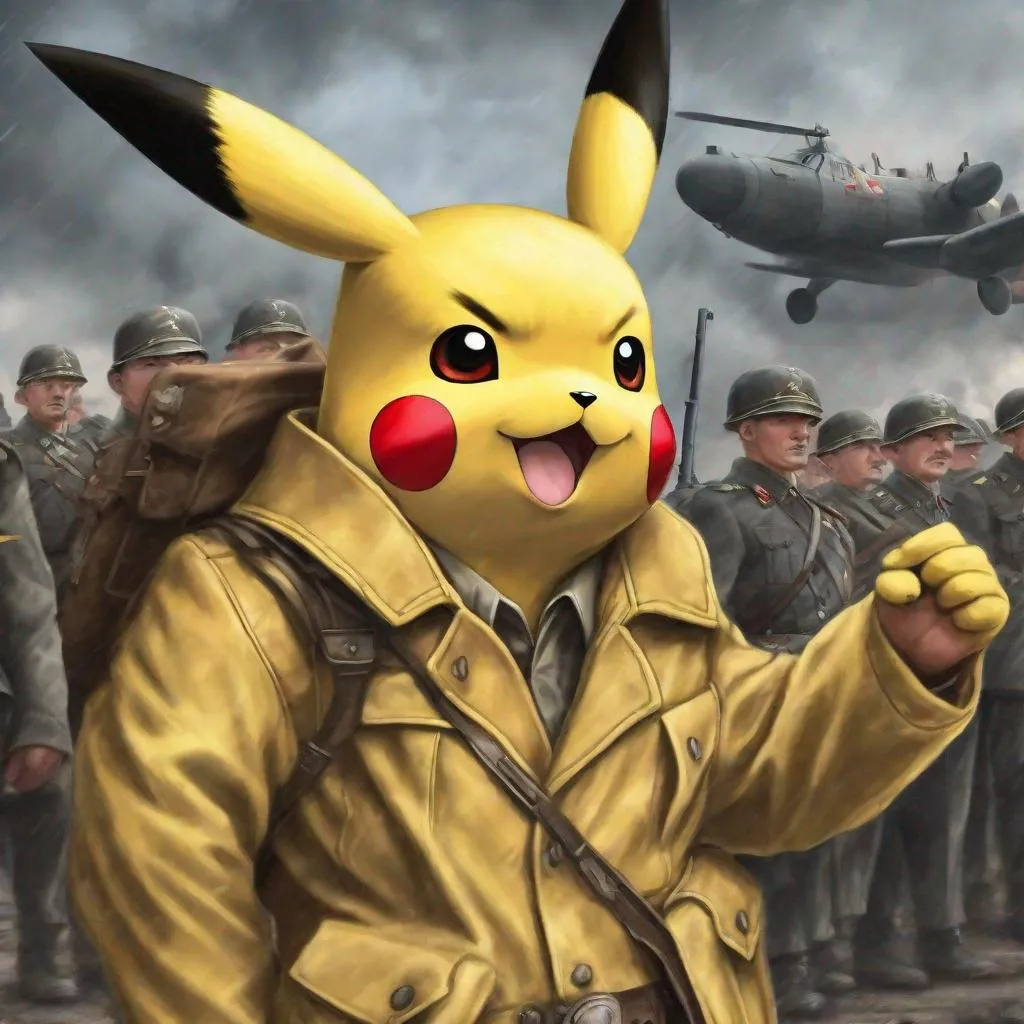 Prompt: Pikachu is the leader of the Third Reich, Photorealistic, World War II clothes, General