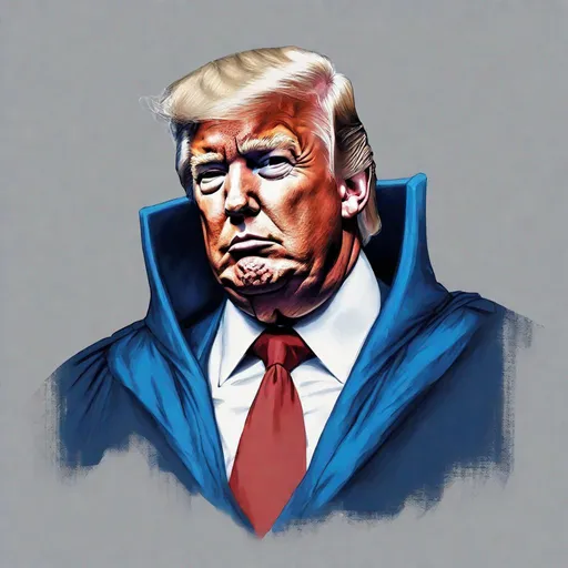 Prompt: Donald Trump with blue textured superhero suit and american flag cape