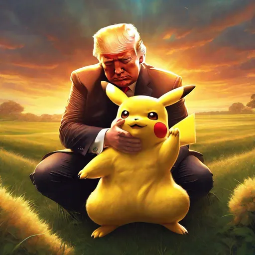 Prompt: Donald Trump hugging Pikachu, grassy meadow, sunset, god rays, vibrant, warm colors, epic, realistic