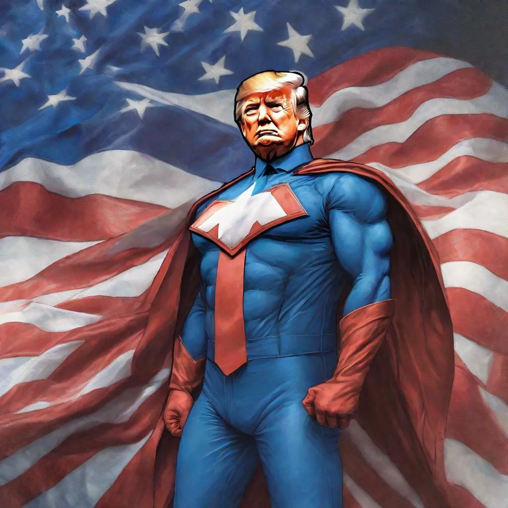 Prompt: Donald Trump with blue textured superhero suit and american flag cape