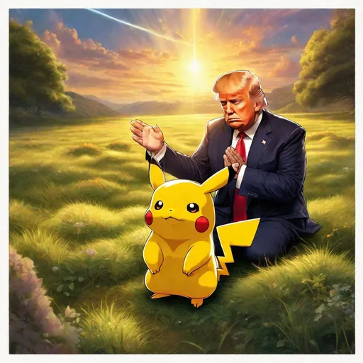 Prompt: Donald Trump praying to Pikachu, grassy meadow, sunset, god rays, vibrant, warm colors, epic, heavenly