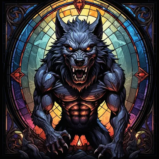 Prompt: Werewolf full Body illustration, Black Forest, masterpiece, 64k, award winning, high resolution, heavy metal album cover, demons, stained glas, no background, Pentagram in style of Dan Mumford