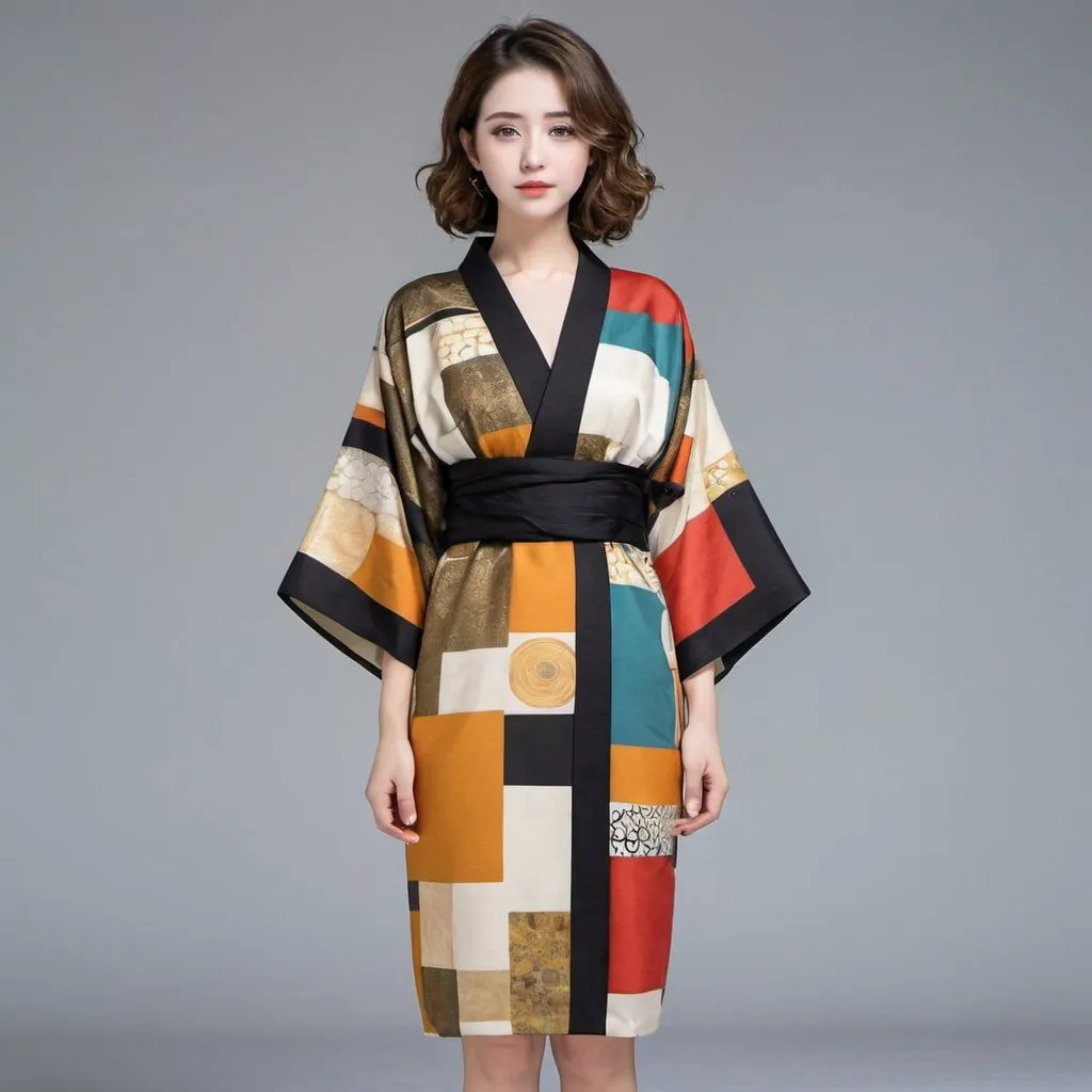 Prompt: Japanisme Gustav Klimt modern minimalist geometric patterns kimono dress