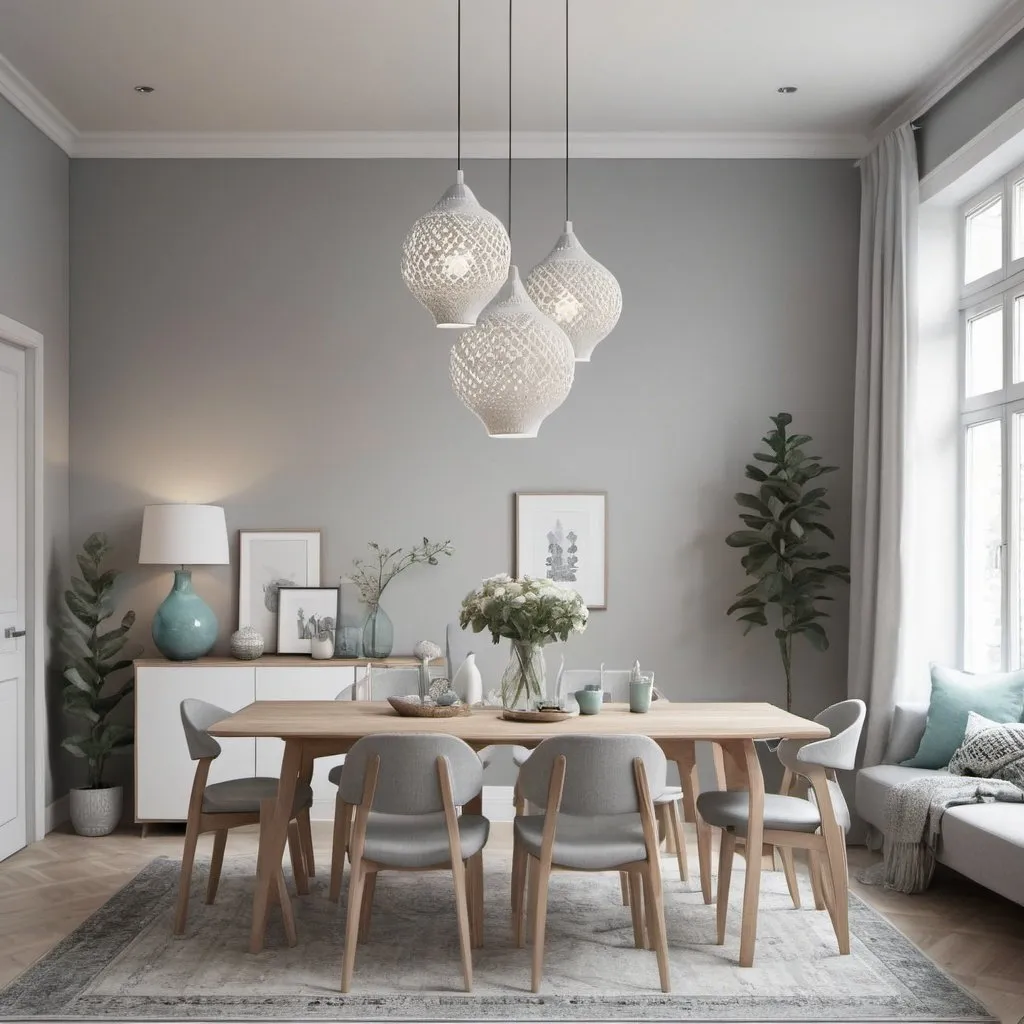 Prompt: arabesque inspired scandinavian living and dining room modern light grey torqouise accents
