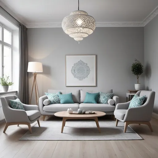 Prompt: arabesque inspired scandinavian living room with a three seater sofa and two chairs modern light grey torqouise accents minimalist
