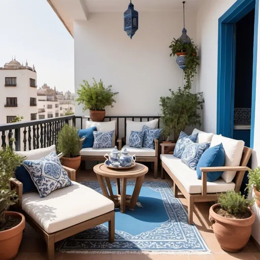 Prompt: a modern boho apartment balcony with Arabesque inspiration blue and white, seating area for 4 people, plants, moroccan tea set