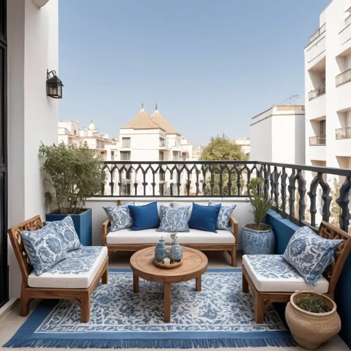Prompt: a modern boho apartment balcony with Arabesque inspiration blue and white, seating area for 4 people