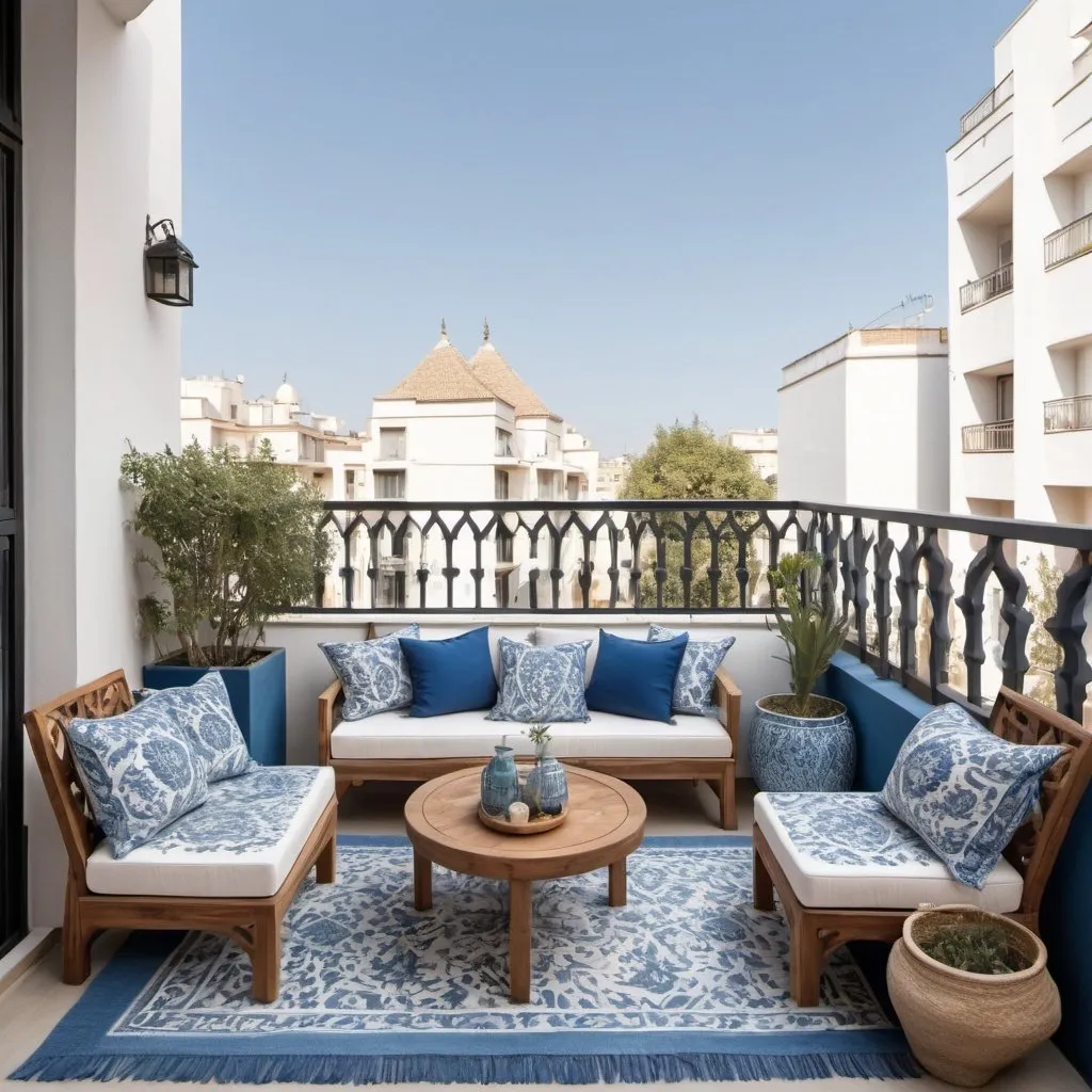 Prompt: a modern boho apartment balcony with Arabesque inspiration blue and white, seating area for 4 people