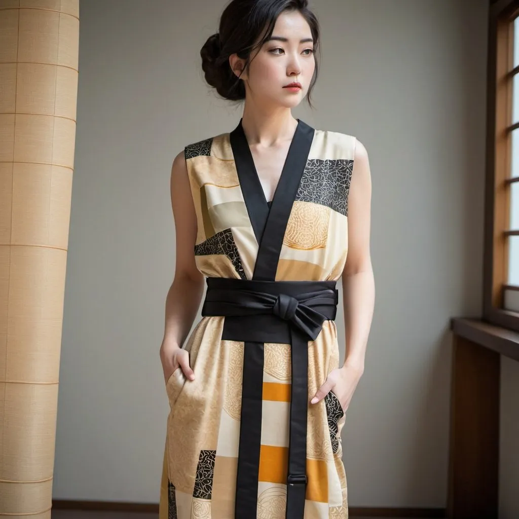 Prompt: Japanisme Gustav Klimt modern minimalist sleeveless kimono dress with intricate geometric patterns with obi belt