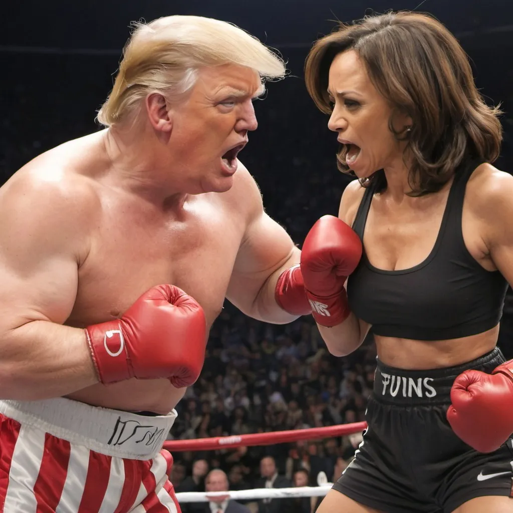 Prompt: A funny cartoon of Donald Trump punching Kamala Harris in a boxing match in front of a huge audience.