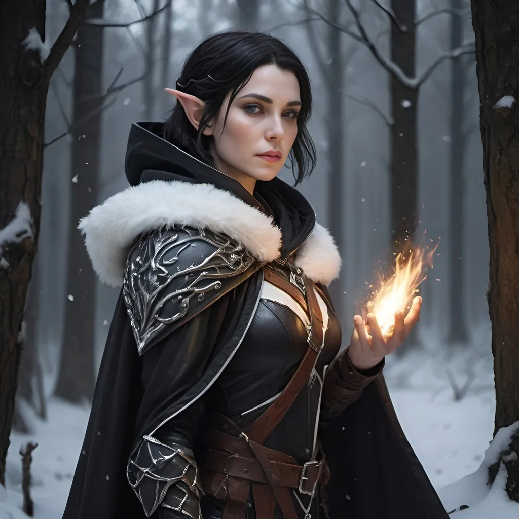 Prompt: A female elven fire sorceress with short dark hair and an large scar on her cheek searching for large mushrooms in a snowy forest at night. She is wearing a black and white cloak with bits of leather armor.