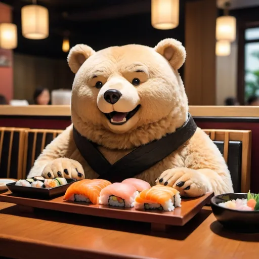 Prompt: An happy cute bear seat at a sushi restaurant table looking to a lot of sushi rolls in front of him