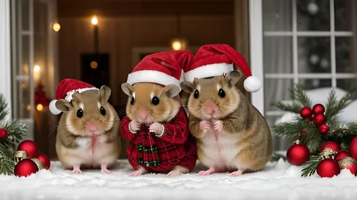 Prompt: Cute hamsters wearing Christmas hats with snowy Christmas background inside a Christmas house (lots of Christmas decorations)