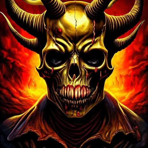 Prompt: Golden skull with open mouth and horns, crying blood, surrealism, dark background, detailed textures, vivid colors, high contrast, tears of blood, eerie atmosphere, surrealistic, detailed skull, professional, vivid colors, dark and dramatic lighting