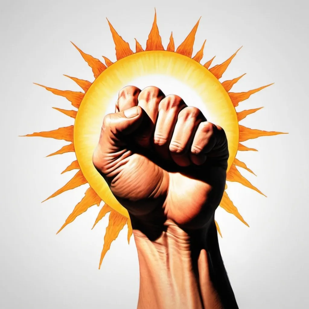 Prompt: draw a poster with a fist in middle and sun around it make the poster powerful and keep the picture realistic
