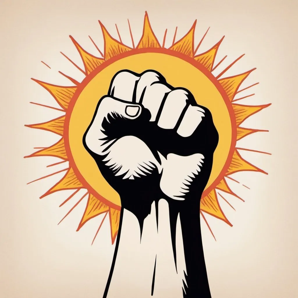 Prompt: draw a poster with a fist in middle and sun around it 
