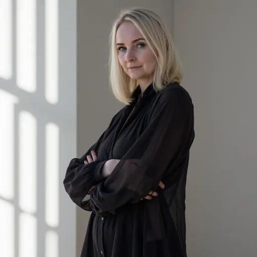 Prompt: Un portrait en noir et blanc captivant, révélant une femme de trois quarts, sa coupe au carré parfaitement nette et ses bras croisés dans une posture de calme assurance. Vêtue d’une tenue sombre à col montant, elle incarne une élégance minimaliste et intemporelle. La texture douce et granuleuse de l’image enveloppe la scène d’une atmosphère vintage et éthérée. En arrière-plan, un jeu subtil de lumière et d’ombre danse avec grâce, tandis qu’à gauche, des ombres verticales projetées par une fenêtre dessinent un motif rythmique qui contraste avec les lignes délicates de son profil. L’ensemble dégage une introspection silencieuse, mêlant mystère, élégance et une beauté figée dans le temps.