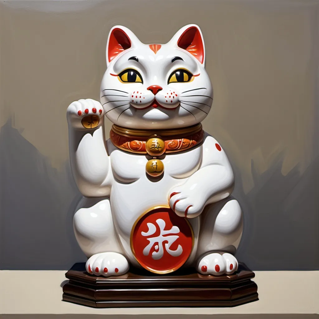 Prompt: An oil painting of a furry lucky cat statue