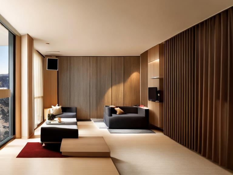 Prompt: Hotel concerge counter, lounge with modern couch and TV, laptop on stand, cozy atmosphere, luxurious interior, high quality, realistic, contemporary, warm tones, ambient lighting, vertical wooden loovers by the window
