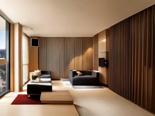 Prompt: Hotel concerge counter, lounge with modern couch and TV, laptop on stand, cozy atmosphere, luxurious interior, high quality, realistic, contemporary, warm tones, ambient lighting, vertical wooden loovers by the window
