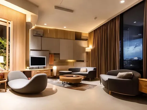 Prompt: Hotel concerge counter, lounge with modern couch and TV, laptop on stand, cozy atmosphere, luxurious interior, high quality, realistic, contemporary, warm tones, ambient lighting, vertical wooden loovers by the window

