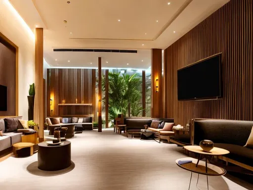 Prompt: Hotel lobby, lounge with modern couch and TV, laptop on stand, cozy atmosphere, luxurious interior, high quality, realistic, contemporary, warm tones, ambient lighting, vertical wooden loovers by the window

