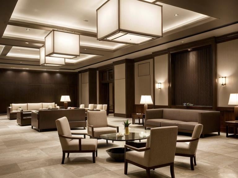 Prompt: keep room shape of attached photo, hotel lobby with a lot of lounge chairs and low tables in it and a pendant light on the ceiling above it and a lamp on the floor, Enguerrand Quarton, light and space, atmospheric lighting, a digital rendering