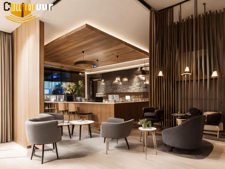 Prompt: Hotel concerge counter, lounge with modern couch and TV, laptop on stand, cozy atmosphere, luxurious interior, high quality, realistic, contemporary, warm tones, ambient lighting, vertical wooden loovers by the window
