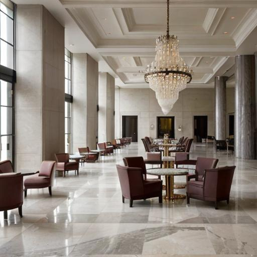 Prompt: a hotel lobby with a lot of chairs and tables and a person sitting on a chair in the middle of the room, Enguerrand Quarton, light and space, open ceiling, gray marble floor, area lug