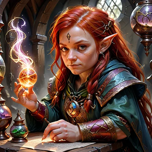 Prompt: hyper realistic concept art, beautiful red haired halfling divination wizard
