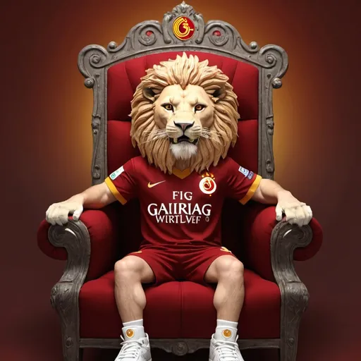 Prompt: generate me a lion with the original shirt of Galatasaray SK smiling on a throne