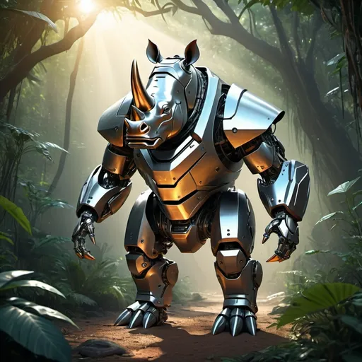 Prompt: (robot humanoid rhino), (futuristic design), sleek metallic surface, vibrant glowing accents, nature-inspired features, powerful stance, thick armor plating, detailed mechanical joints, metallic textures, Set in a lush jungle environment, soft rays of sunlight filtering through, (highly detailed), (evocative mood) of innovation and primal strength, (4K) quality illustration.