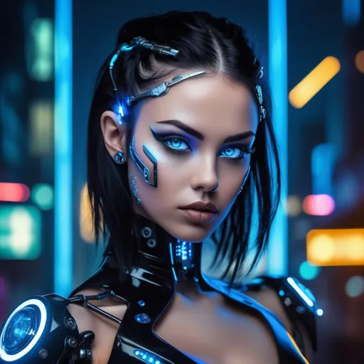 Prompt: Visualize a striking cyborg woman, her medium layered black hair subtly shimmering under neon lights, framing an alluring and beautifully crafted face. Her piercing blue electric eyes glow intensely against the futuristic city backdrop, juxtaposing human warmth with mechanical precision. Dark, full eyebrows accentuate her captivating expression, hinting at a blend of intelligence and allure. Her sleek and intricate Cyberpunk body showcases a mix of metallic textures and vivid neon accents, integrated seamlessly with organic forms. The atmosphere is charged with a moody haze, illuminated by flickering holographic advertisements and the glow of distant city lights, creating a vibrant, high-tech urban environment. The scene evokes a sense of wonder and mystery, perfect for a cinematic lighting, photorealistic style.