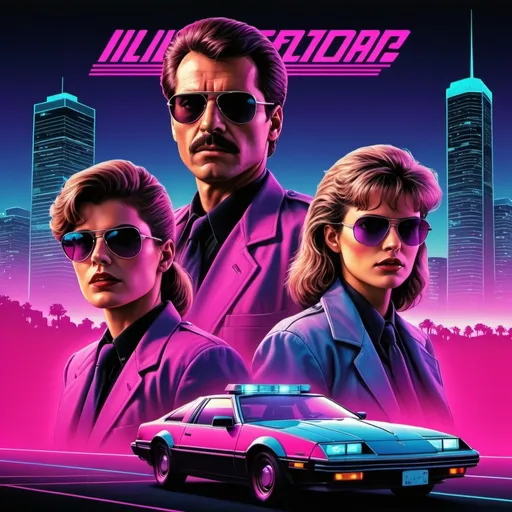 Prompt: 80s movie poster, about cool investigator team from los angeles. Synthwave style