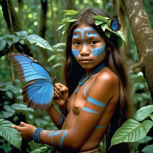 Prompt: Yanomami girl in the Amazon Basin, (important details: traditional body painting), (long flowing hair over her chest and back), perched on a Sumauma tree branch in the lush canopy of the rainforest, (friendly interaction (the butterfly is talking to her and she giggles)  with a large blue talking morpho butterfly), vibrant greens and rich browns of the rainforest, warm sunlight filtering through leaves, (highly detailed), capturing a serene, harmonious atmosphere, (ultra-detailed), (4K quality).