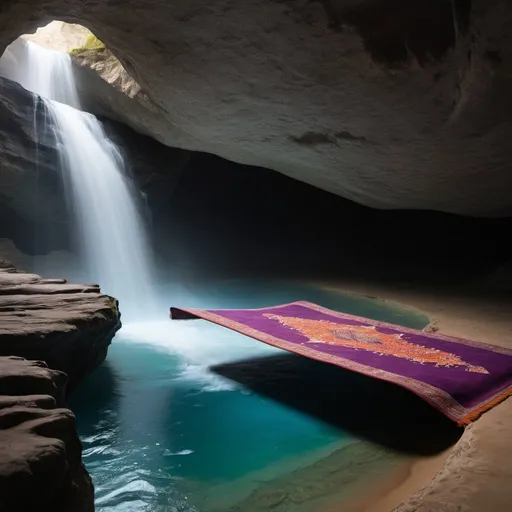 Prompt: A magic carpet going into a waterfall cave
