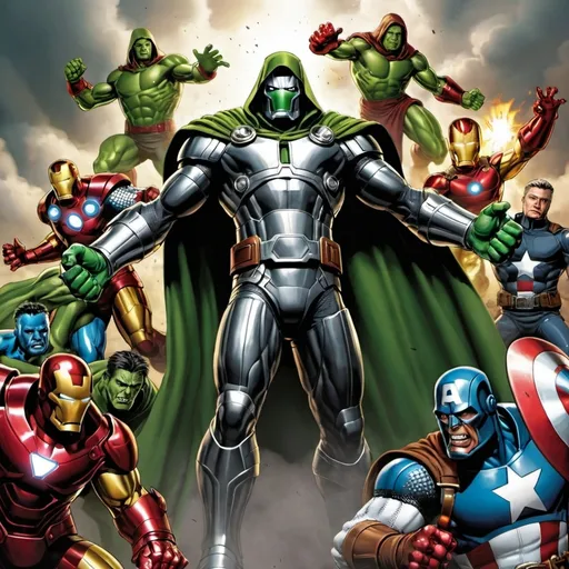 Prompt: all avengers fight with
 dr doom