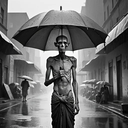 Prompt: Ancient decrepit human Egyptian, emaciated, in a city in the rain, holding an umbrella, black and white photograph.