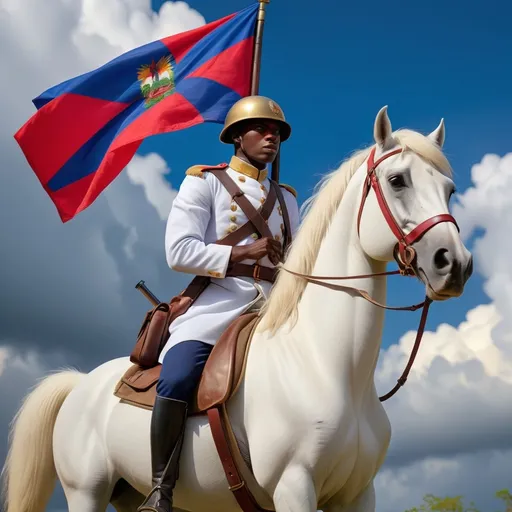 Prompt: Soldier on a white horse, gripping a rifle in one hand and the Haitian flag in the other, proud and resolute stance, embodying bravery and determination, vivid colors of the flag contrast boldly against the majestic white coat of the horse, dramatic skies in the background, a sense of heroic ambiance, ultra-detailed and vibrant representation of strength and patriotism, captured in high-definition.