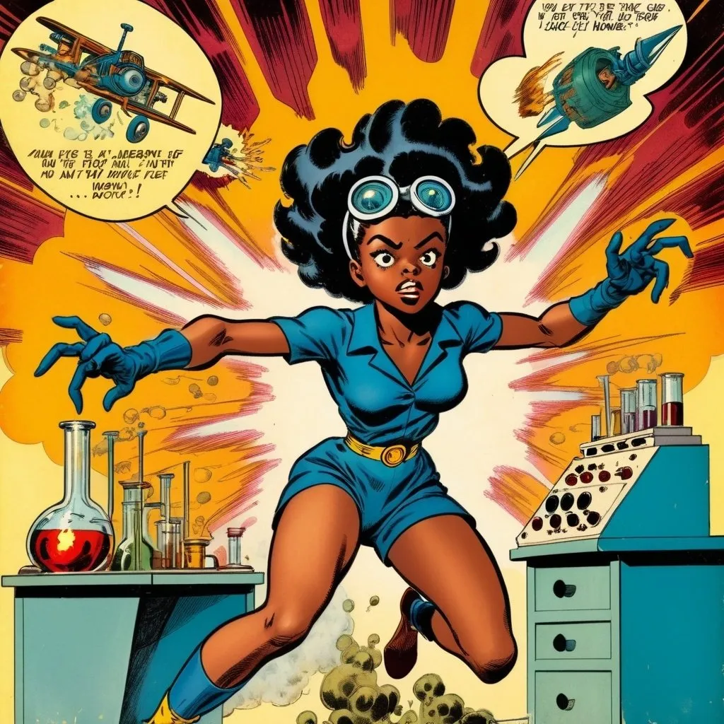 Prompt: A mad scientist in a lab, in the style of Jack Kirby and Wally Wood, 1940s vintage comic, faded colors

African American female teenager showing her super powers and flying.
