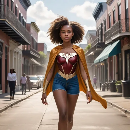 Prompt: Tall young woman walking down the high street, detailed clothing, realistic, natural lighting

Show an African American teenage super hero flying over New Orleans