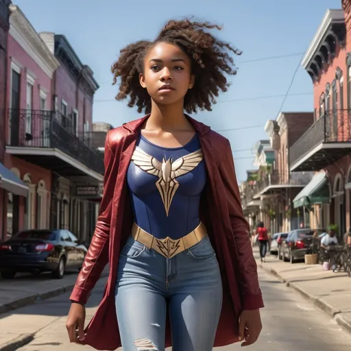 Prompt: Tall young woman walking down the high street, detailed clothing, realistic, natural lighting

Show an African American teenage super hero flying over New Orleans