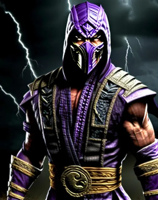 Prompt: The character Rain from Mortal Kombat, Mortal Kombat, Purple Outfit, Thunderstorm, Cool