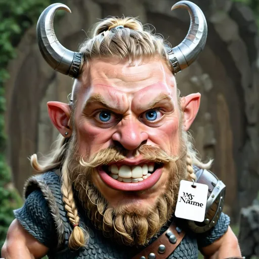 Prompt: An aggressive  Viking displaying a blank name tag that says "My name is"
 