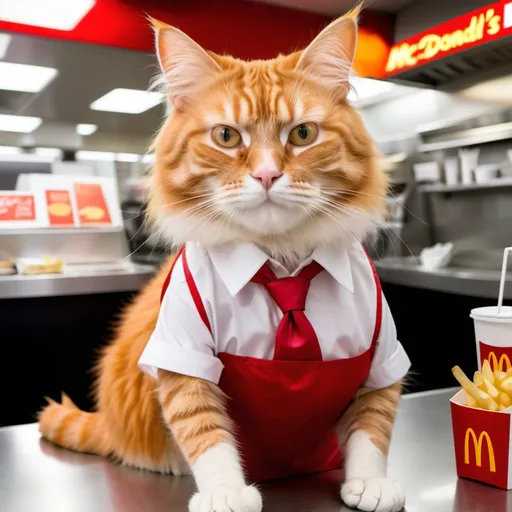 Prompt: An orange cat with hair like Trump's, who is wearing an apron, a white shirt, and a red tie. He is  working at Mc Donald's serving French fries to customers.