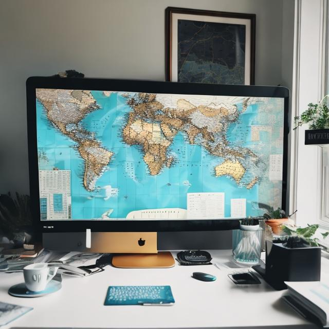 Prompt: remote work horizontal with map of world a desk and a cup of coffee
