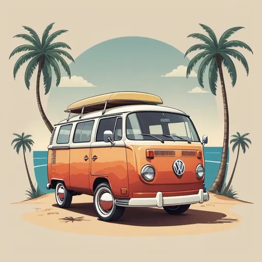 Prompt: Deign a simple cartoonish VW van from the sixties with palms and surfboards 
